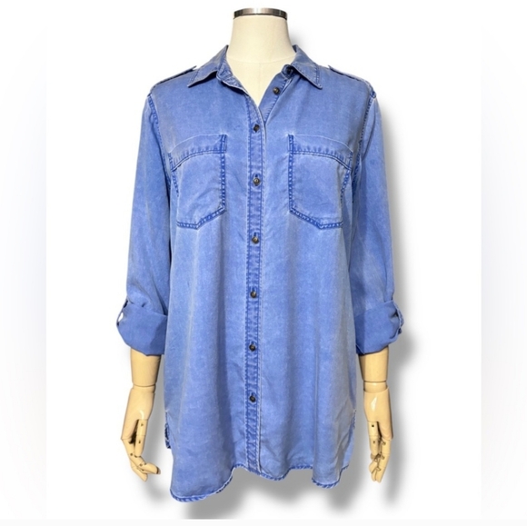 EXPRESS Blue Chambray Denim Boyfriend Button Front Shirt - Picture 1 of 11